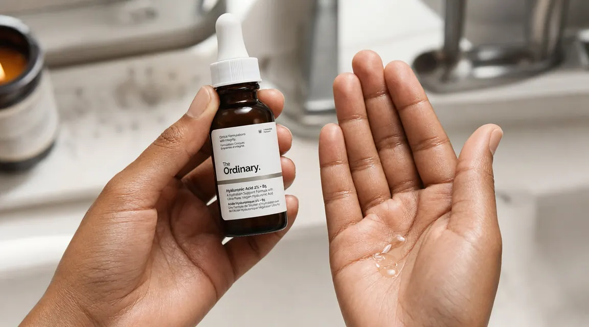 Hand holding The Ordinary Hyaluronic Acid 2% + B5 dropper bottle over an open palm