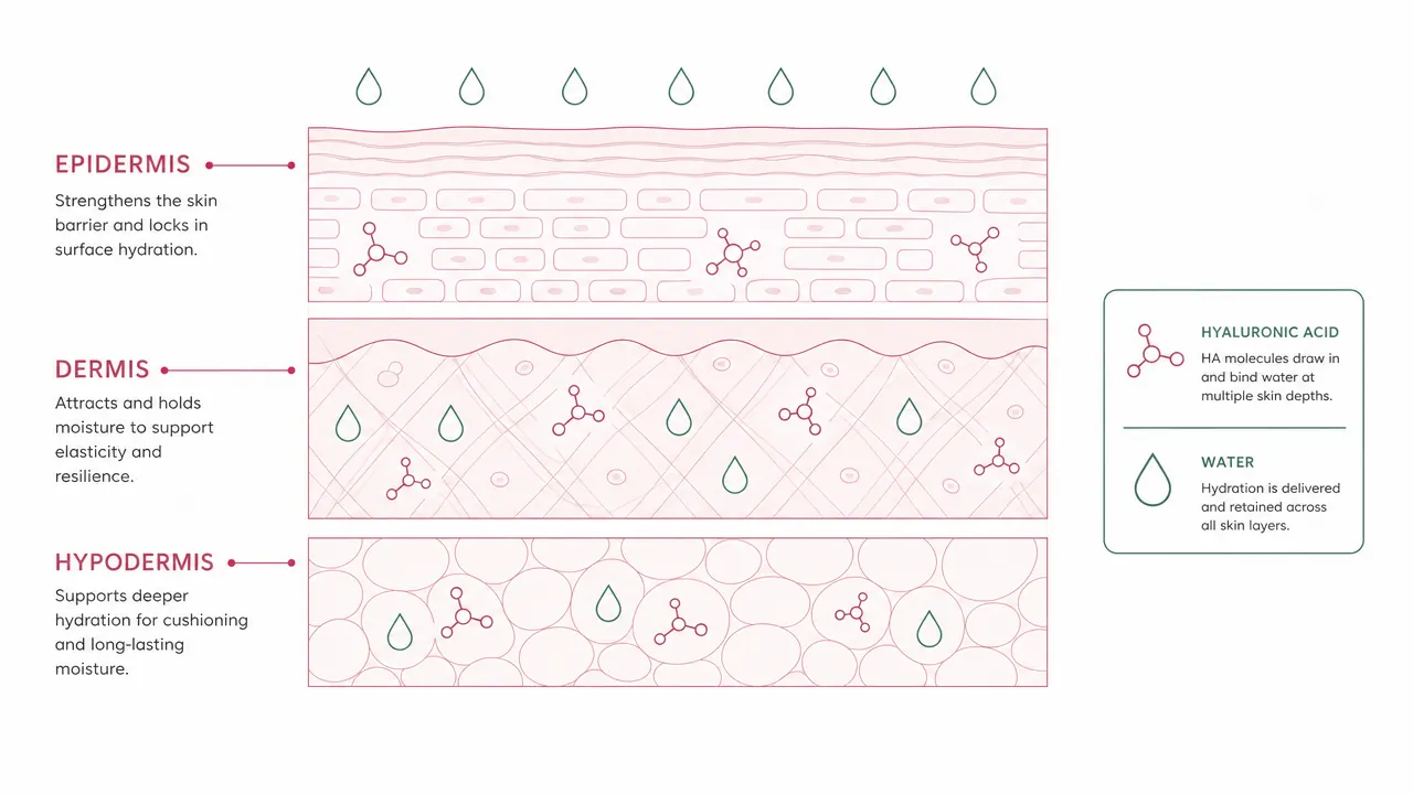 Cross-section diagram showing hyaluronic acid molecules attracting water at multiple skin layers