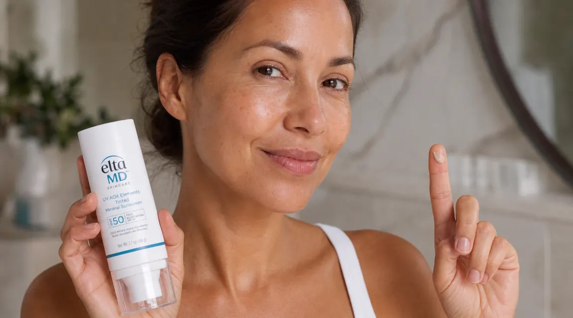 Hand holding the EltaMD UV AOX Elements tinted sunscreen tube with a bathroom vanity in the background