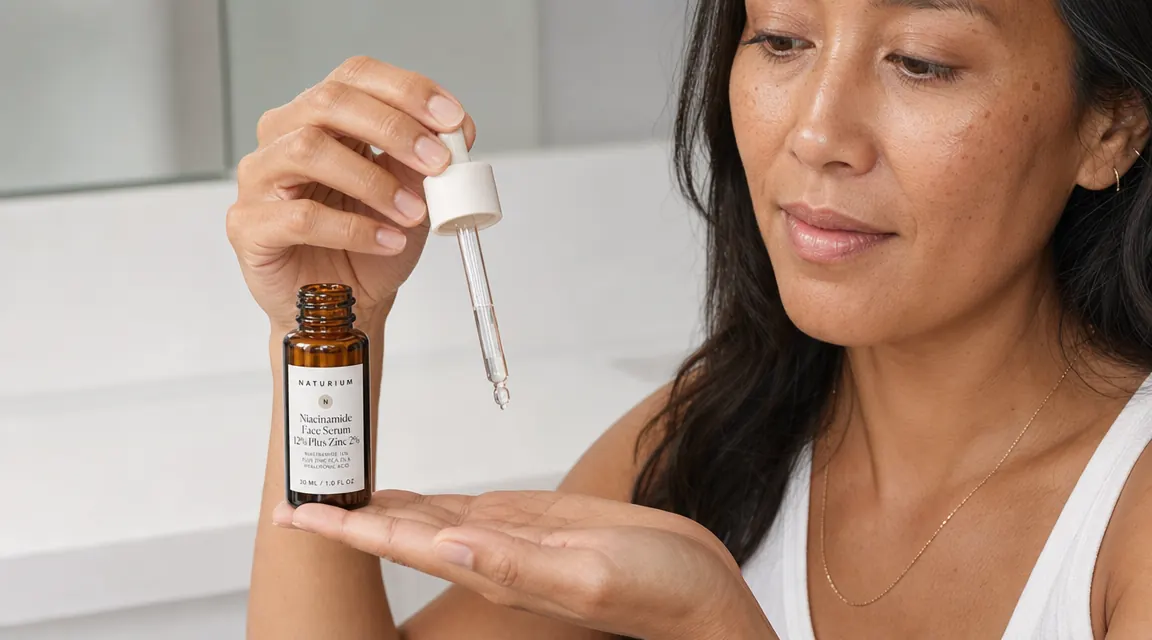 Close-up of a hand holding the Naturium Niacinamide serum bottle with a dropper extended