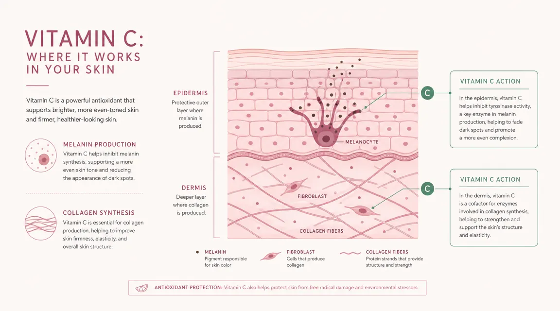 Illustration showing the skin layers where vitamin C works, with labels for collagen and melanin