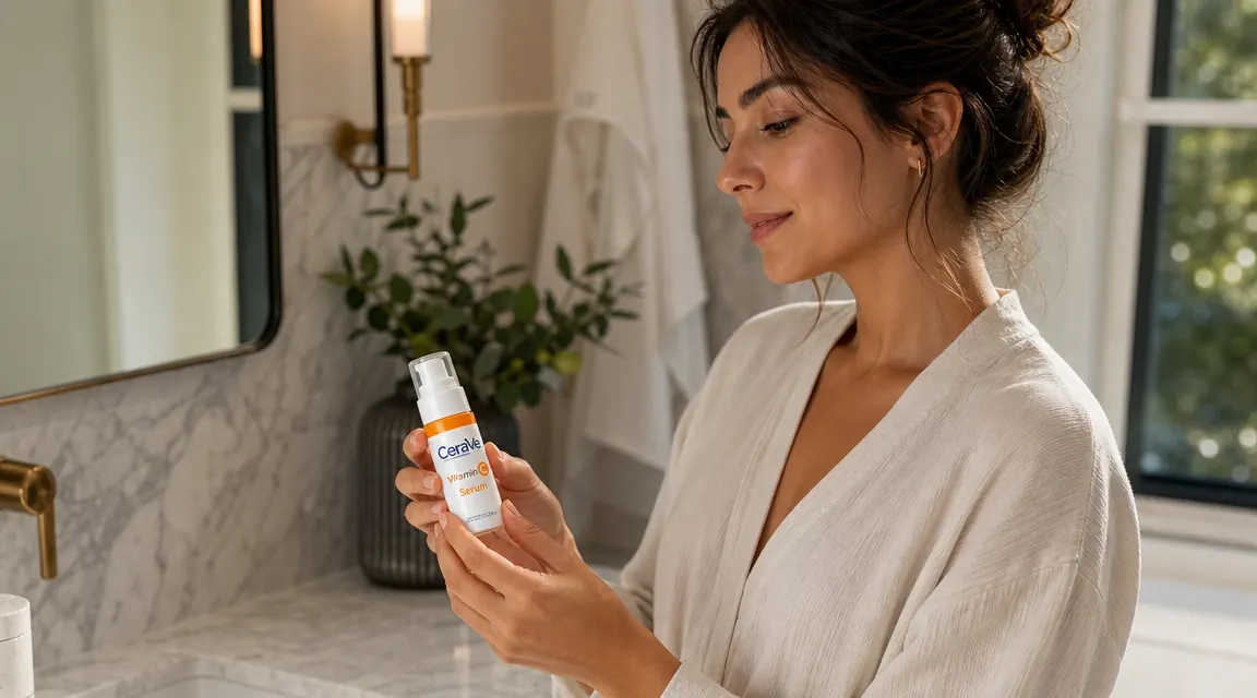Close-up of a hand holding a small glass bottle of CeraVe Vitamin C Serum against a white marble bathroom countertop