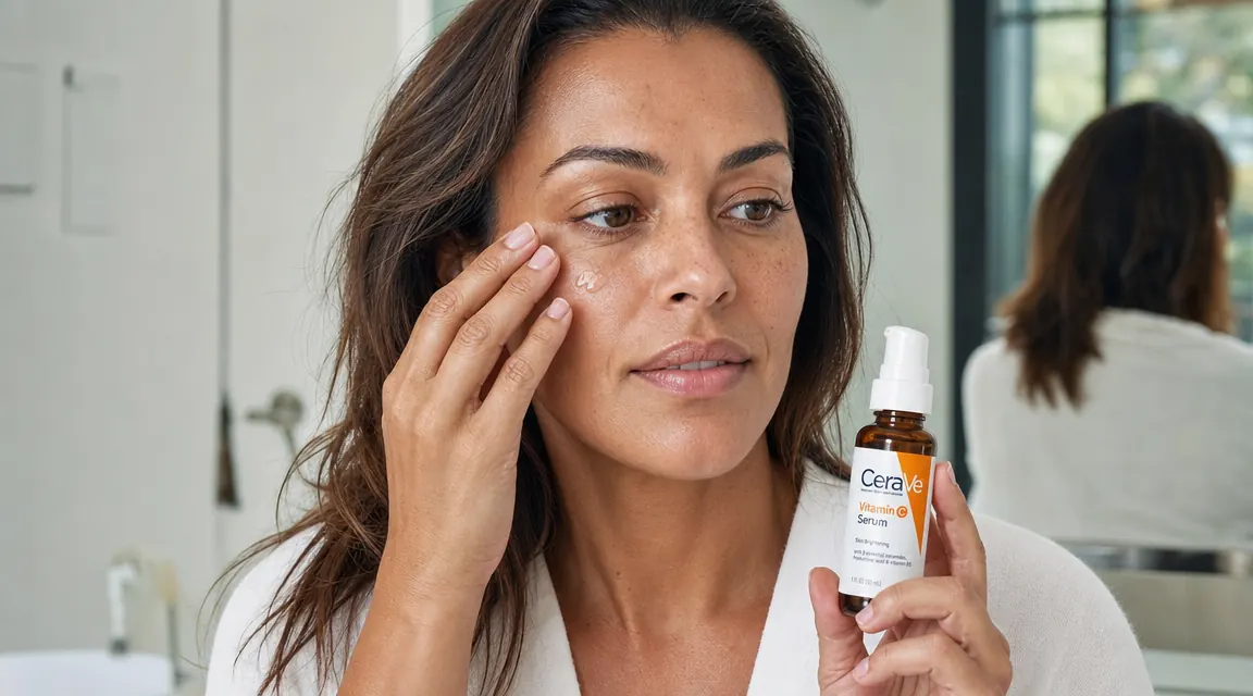 Woman applying a few drops of serum to her fingertips over a bathroom sink, relaxed morning routine atmosphere