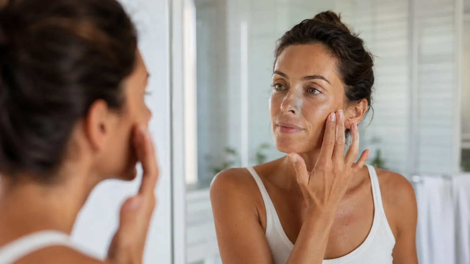 Woman applying serum to face in bathroom mirror with bright natural light, dewy skin close-up