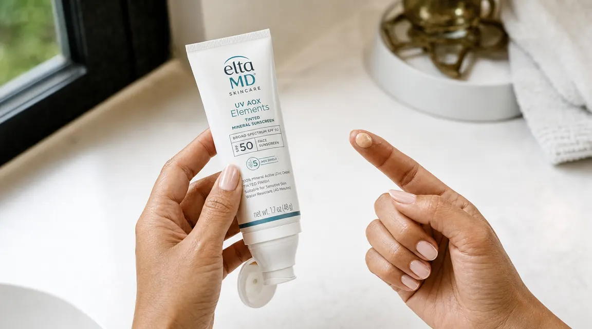 Close-up of the EltaMD UV AOX tube with cap removed, showing the tinted mineral formula on a fingertip against a neutral background