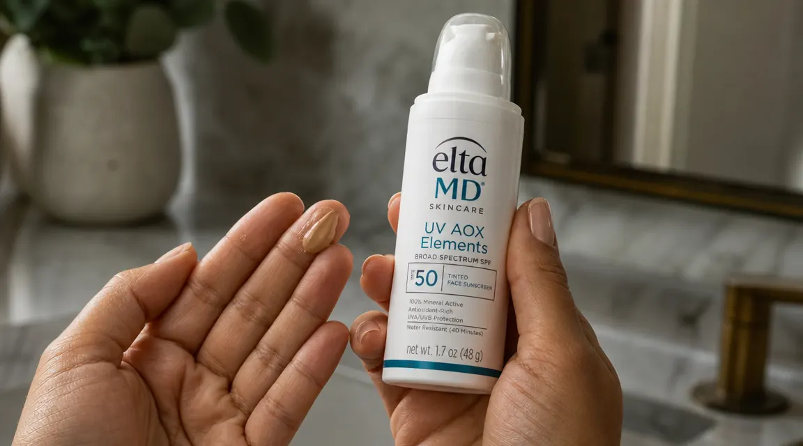 A hand dispensing a small pump of tinted EltaMD UV AOX Elements sunscreen onto fingertips, showing the light beige tint against skin