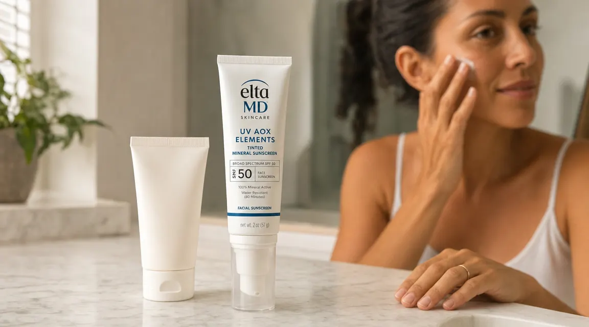 Close-up of EltaMD UV AOX tinted sunscreen tube on a bathroom counter beside a moisturizer