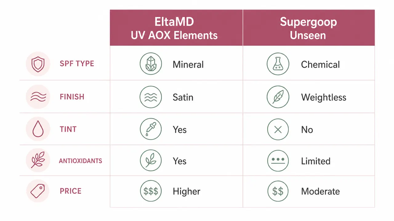 Side-by-side comparison chart of EltaMD UV AOX and Supergoop Unseen Sunscreen across five attributes: SPF type, finish, tint, antioxidants, and price