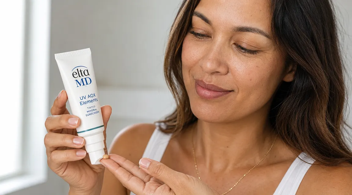 Close-up of a hand pressing a pump of tinted sunscreen onto fingertips before applying to skin