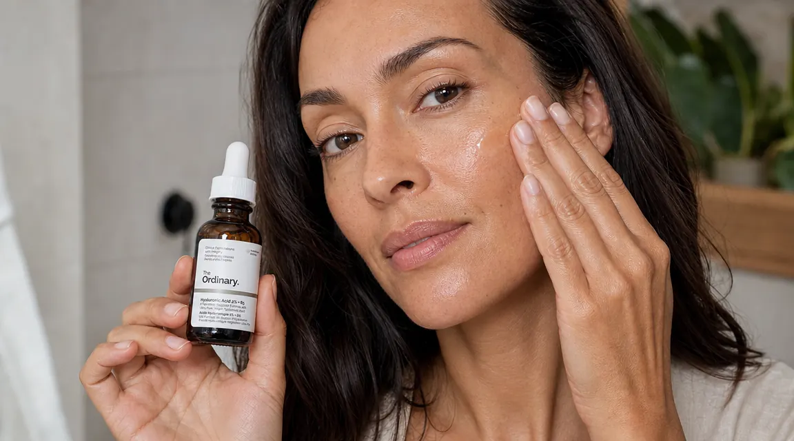 Hands pressing a few drops of serum onto slightly damp skin on the cheek