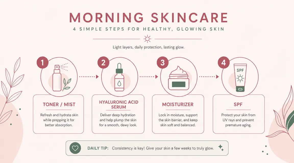 Skincare layering order diagram showing toner, serum, moisturizer, and sunscreen in sequence