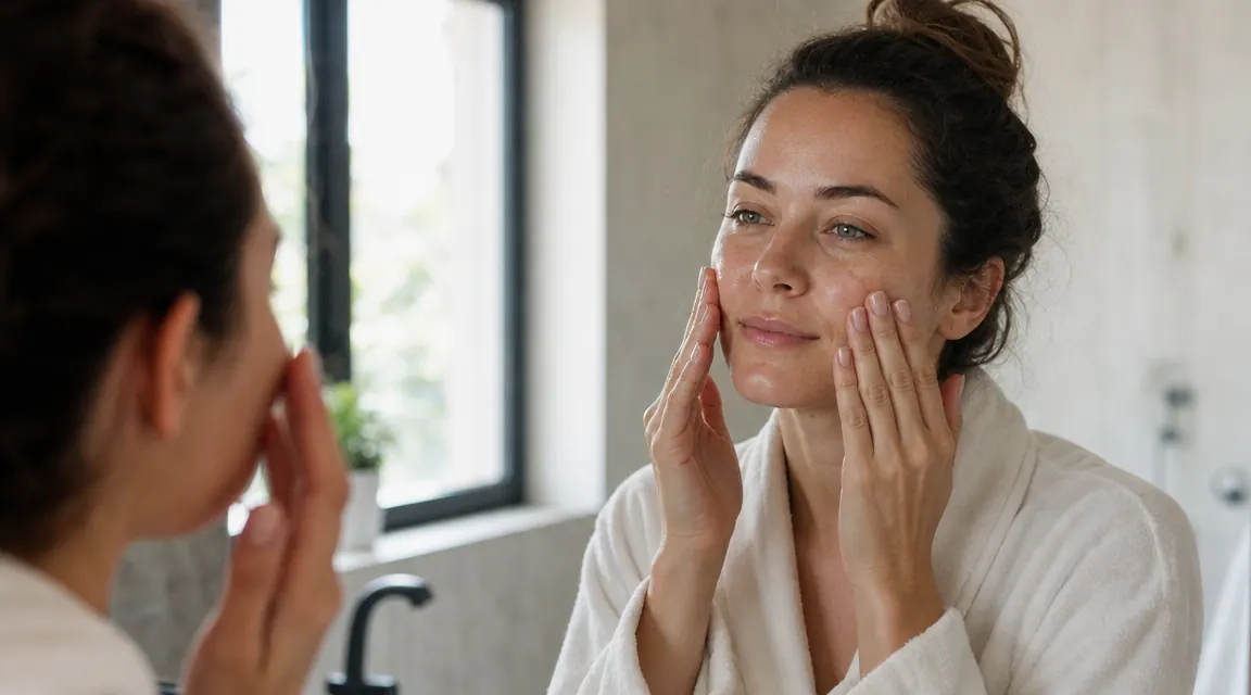Woman with visibly plump, dewy skin patting her face in a bathroom mirror
