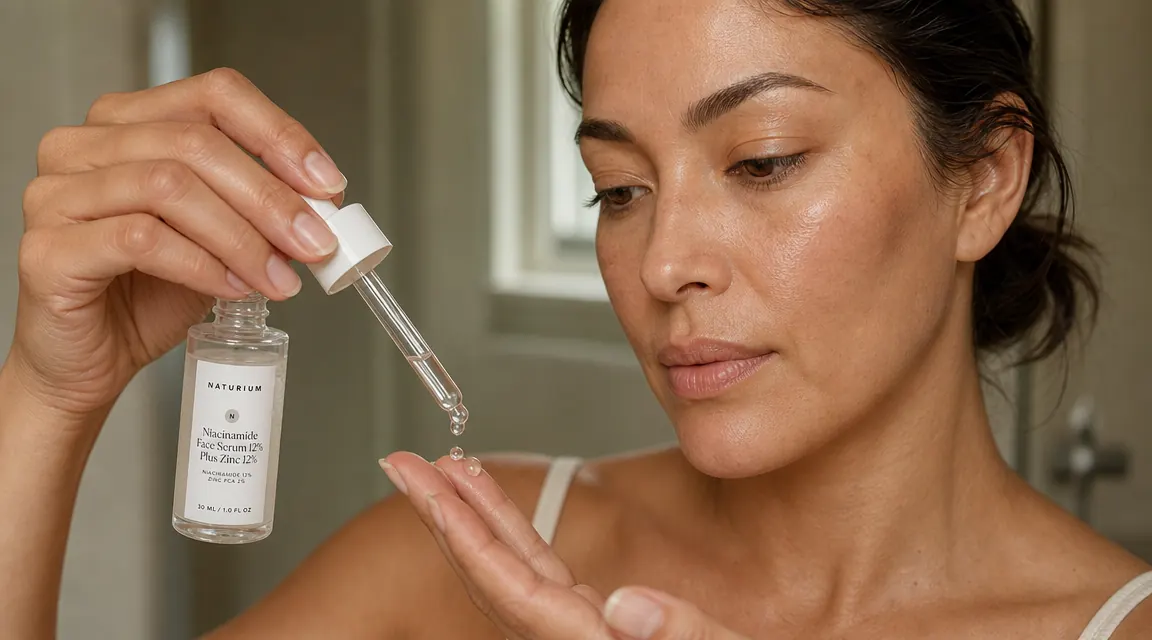 Hand pressing two drops of niacinamide serum onto fingertips before applying to face