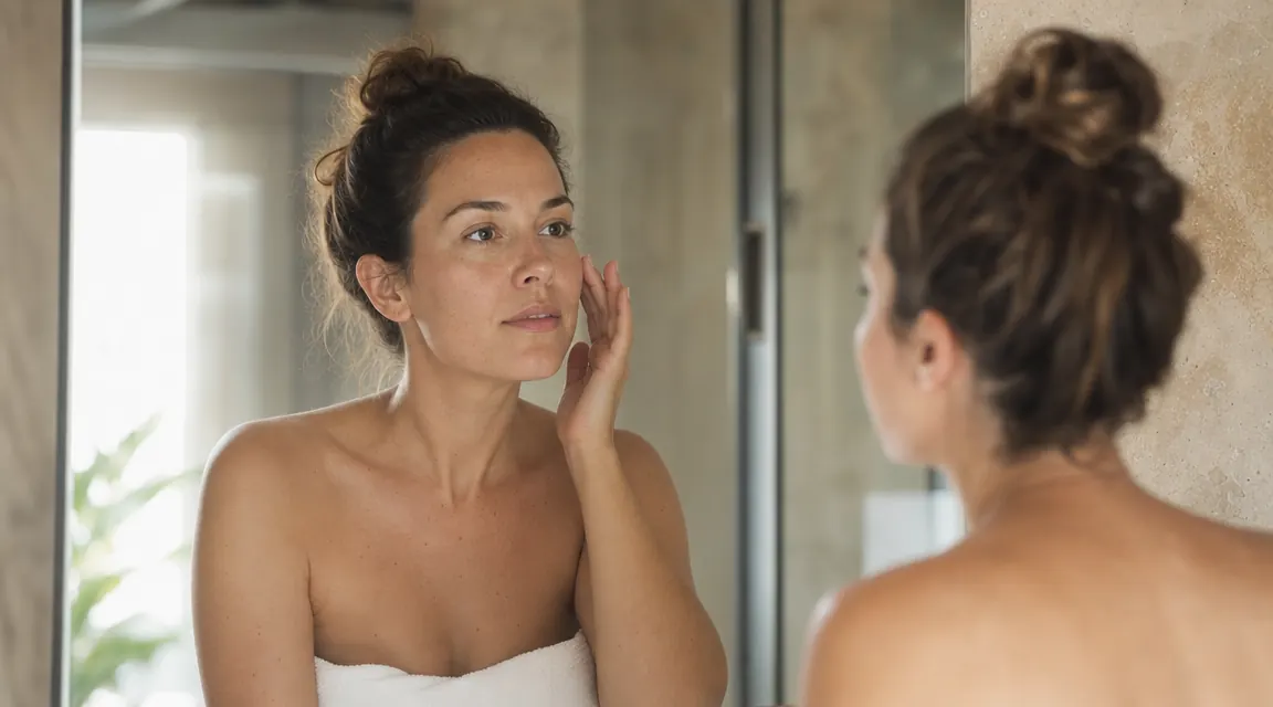 Woman patting her cheek in front of a bathroom mirror, clear skin, soft morning light