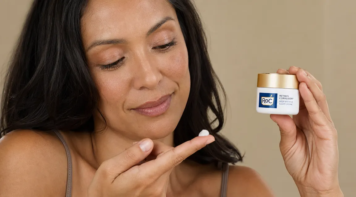 Hand pressing a small pea-sized amount of RoC Retinol Correxion Night Cream onto a fingertip against a neutral background