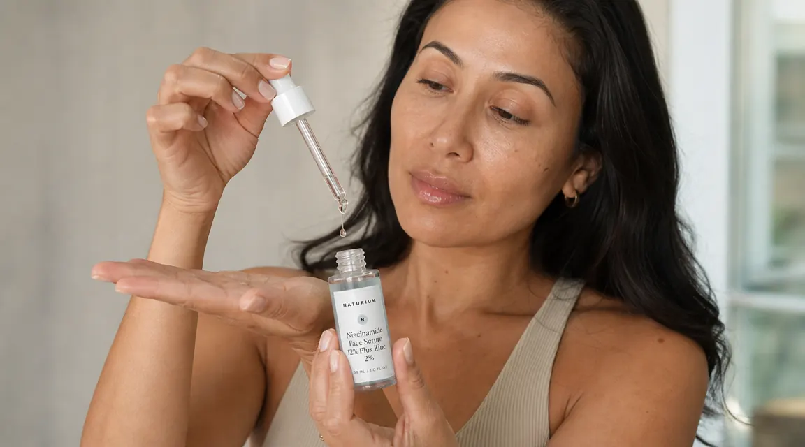 Hand holding a dropper of Naturium Niacinamide serum over an open palm, showing the watery serum consistency