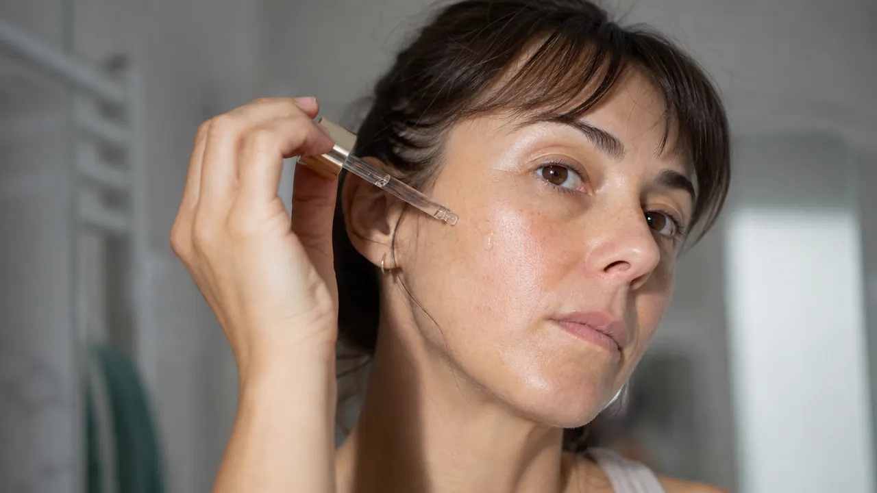 Close-up of a person applying serum to clean dry skin on cheek and jawline area in a bathroom mirror