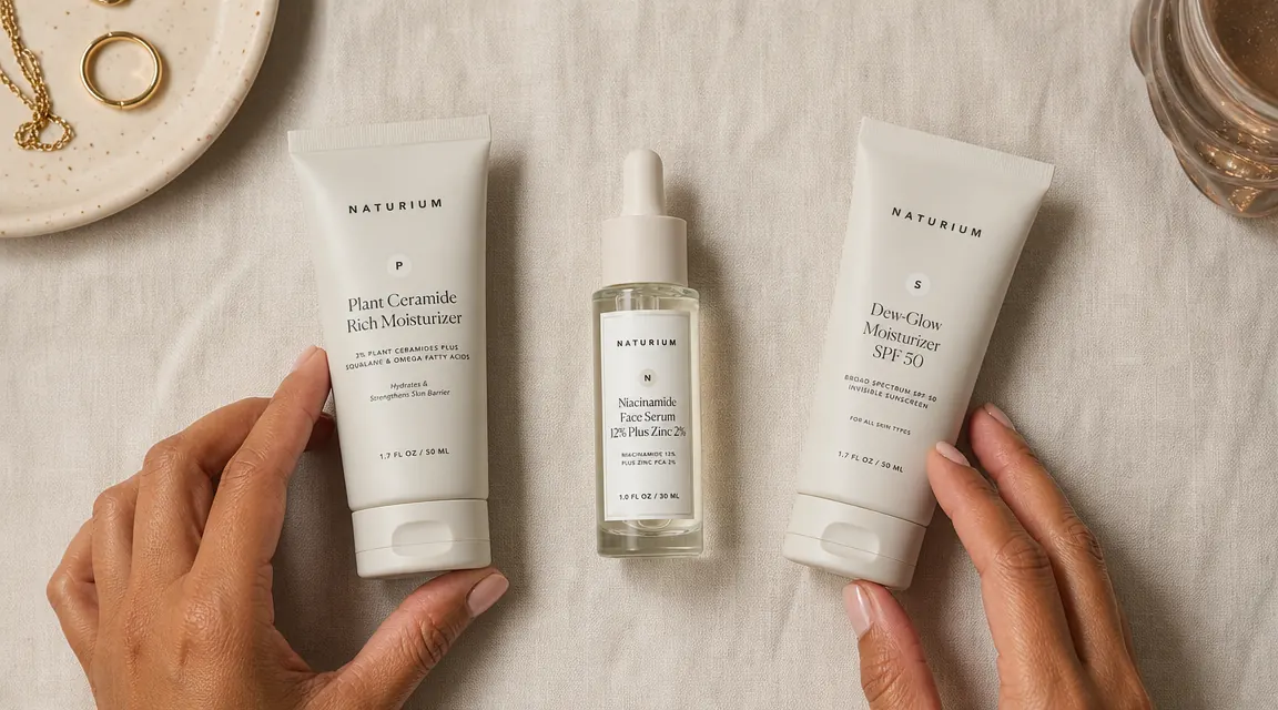 Flat lay showing the Naturium Niacinamide serum bottle alongside a moisturizer and SPF, a minimal two-step routine display