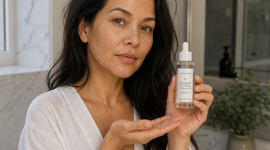 Hand pressing a dropper of niacinamide serum onto fingertips, preparing to apply it to clean skin