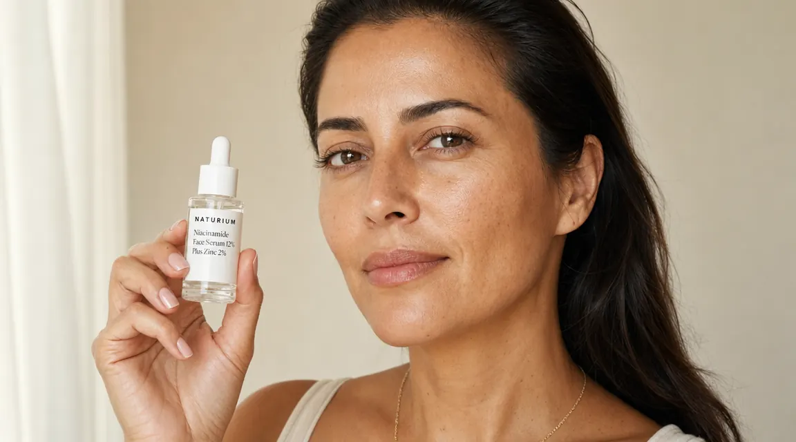 Naturium Niacinamide serum bottle held between fingers against a cream background