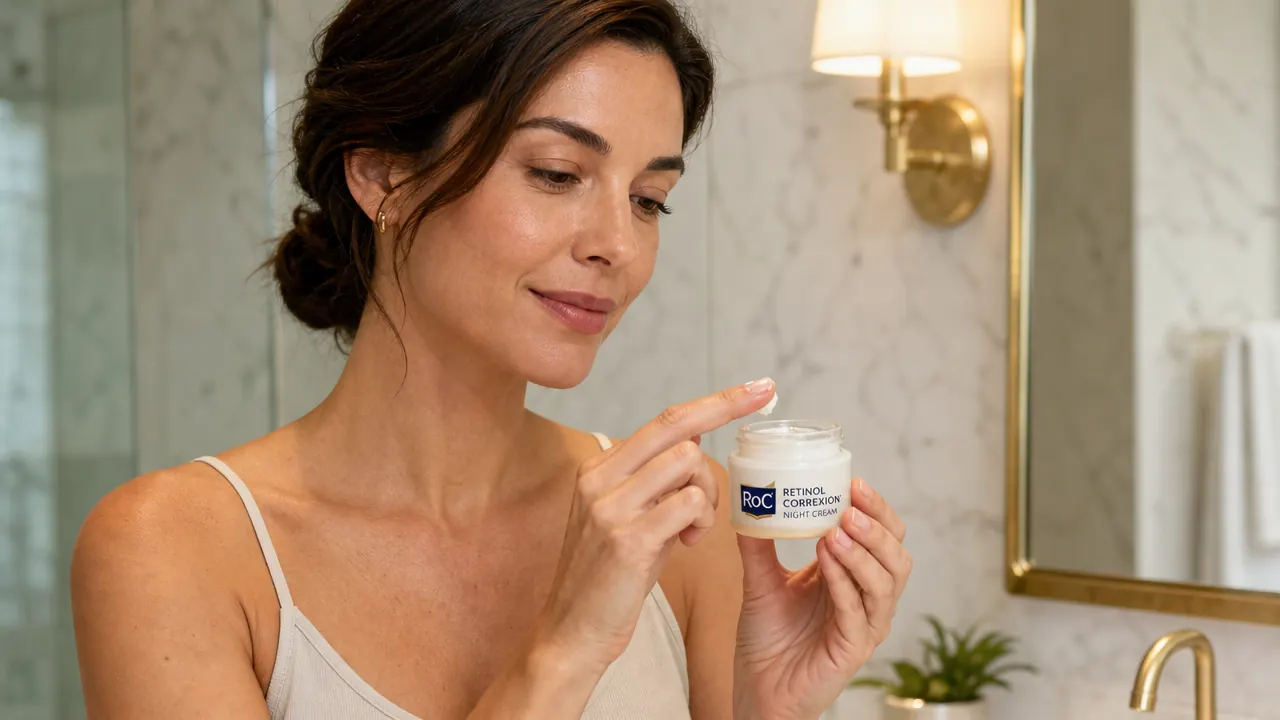 Hand pressing into the RoC Retinol Correxion Night Cream jar to scoop out a small amount of cream