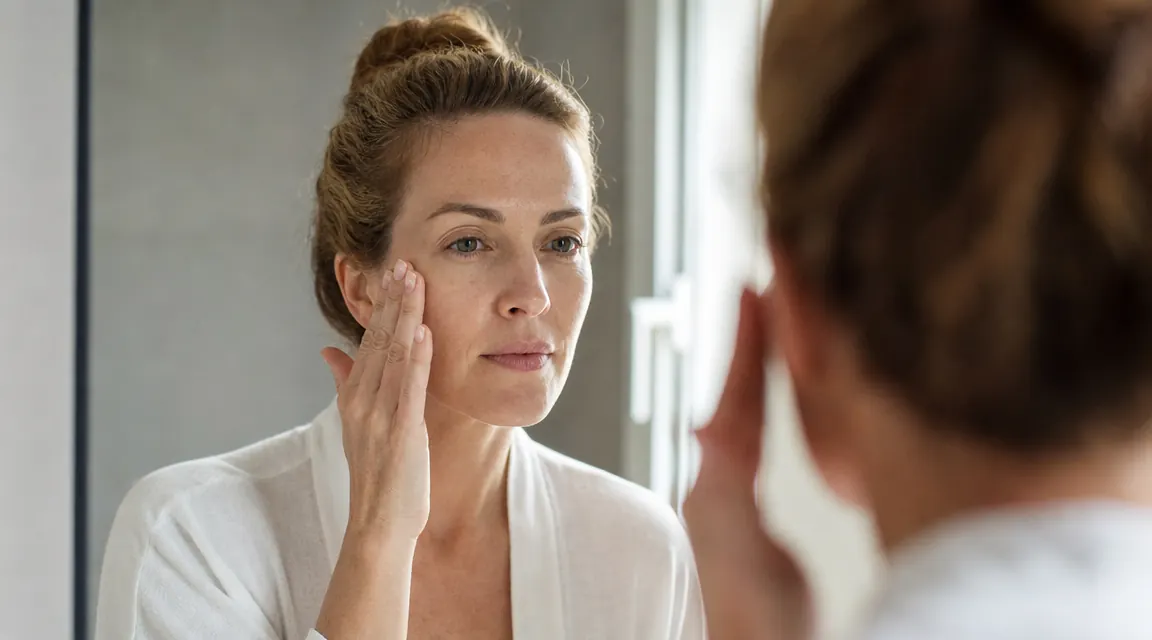 Woman examining her skin in a bathroom mirror with good natural light, calm expression