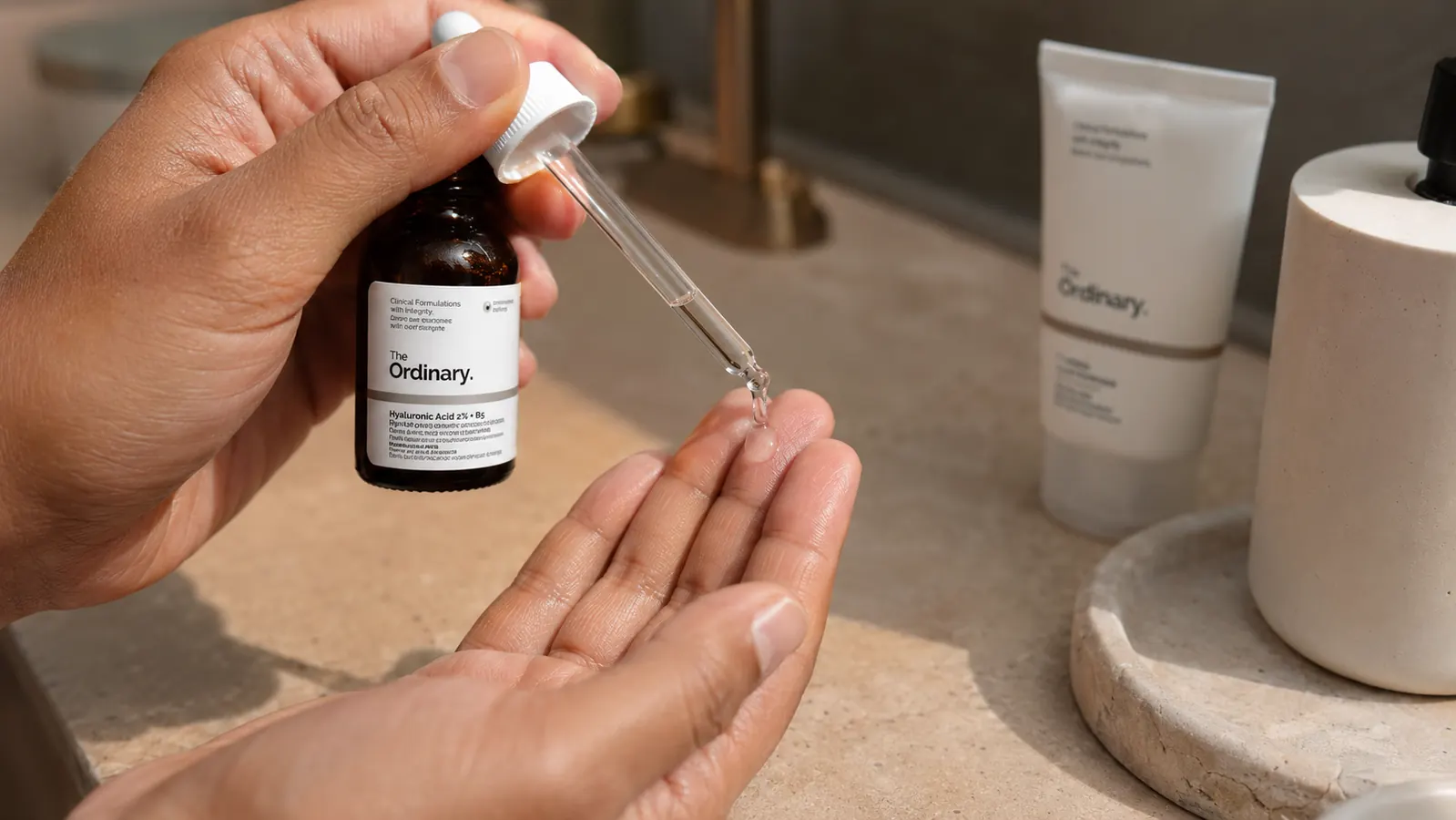 Hand applying a few drops of clear serum to fingertips above a bathroom sink with a simple morning routine spread on the counter