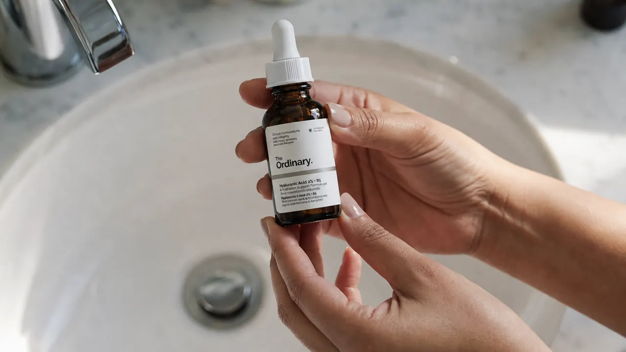 Hand holding The Ordinary Hyaluronic Acid serum bottle over a white sink, dropper tip visible