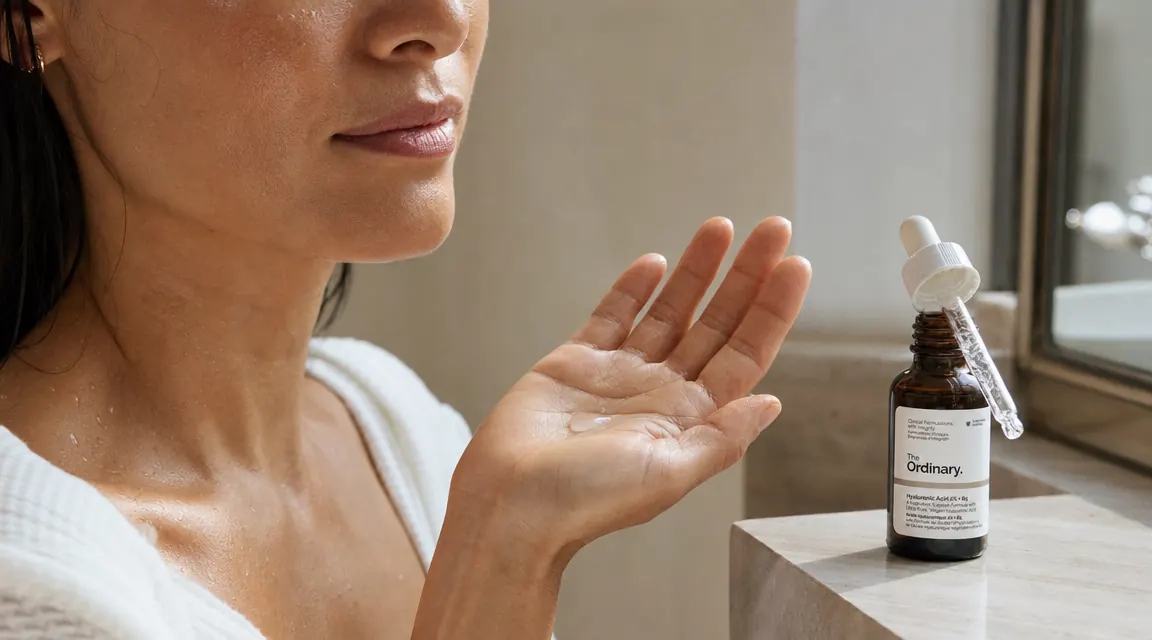 Woman pressing three drops of serum onto damp fingertips before applying to her face