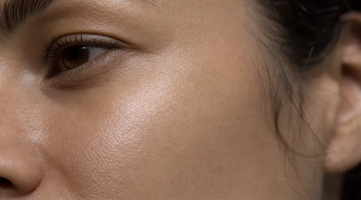 Close-up of skin texture on cheek looking noticeably more plump and smooth