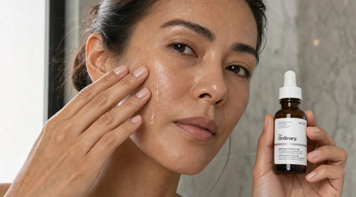Hands applying a few drops of clear serum to damp skin on a cheek