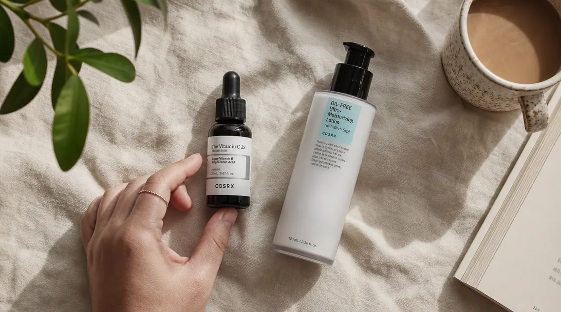 Morning skincare routine laid out flat: dropper bottle, moisturizer, and a small towel on a cream-colored surface