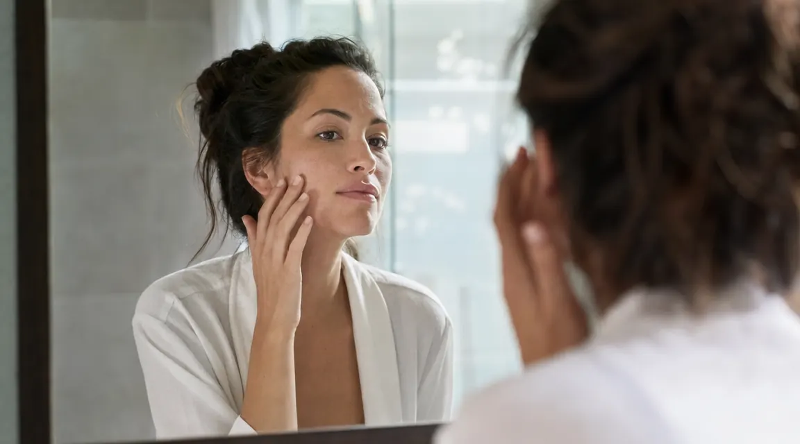 Woman touching her cheek gently with fingertips, expression calm and at ease, soft morning light